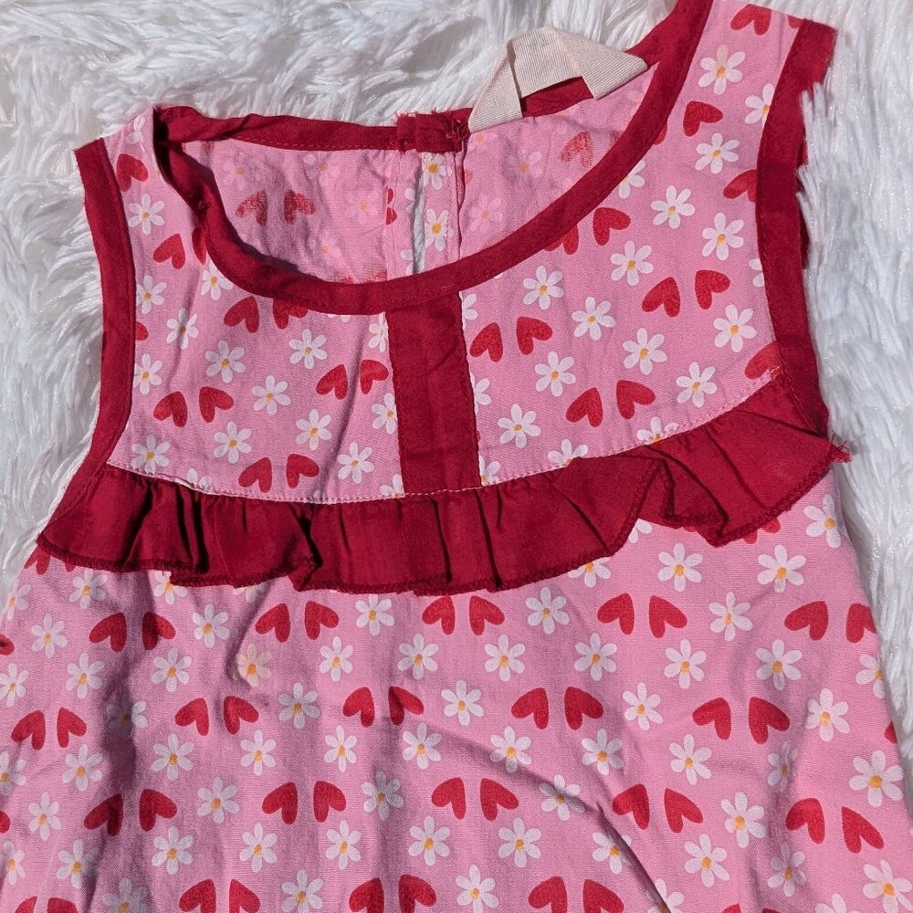 Girls’ Pink Sleeveless Dress – Heart & Daisy Print with Ruffle Detail 2T - Picture 3 of 4